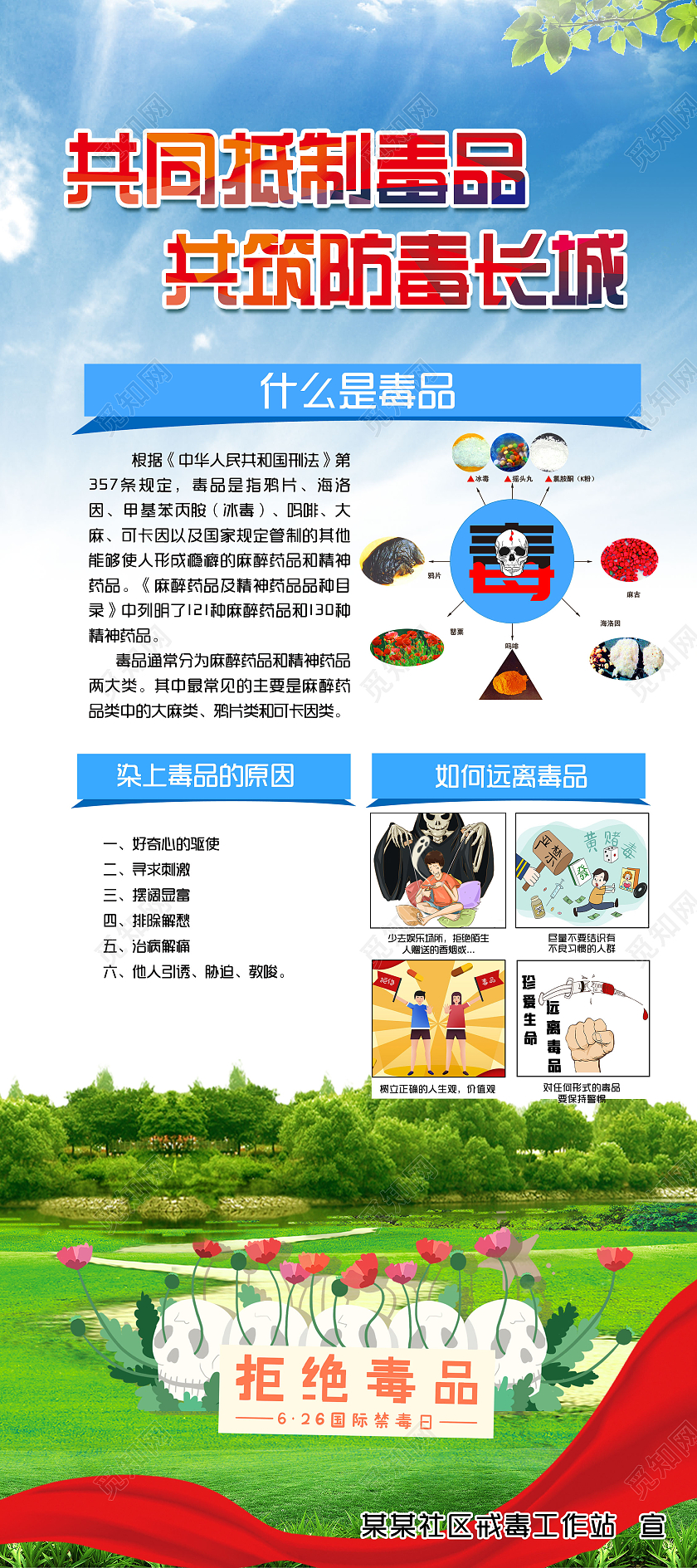 蓝色简洁共同抵制毒品共筑防毒长城禁毒展架