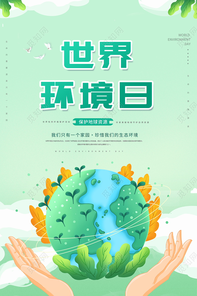 卡通世界环境日宣传人与自然和谐共生海报