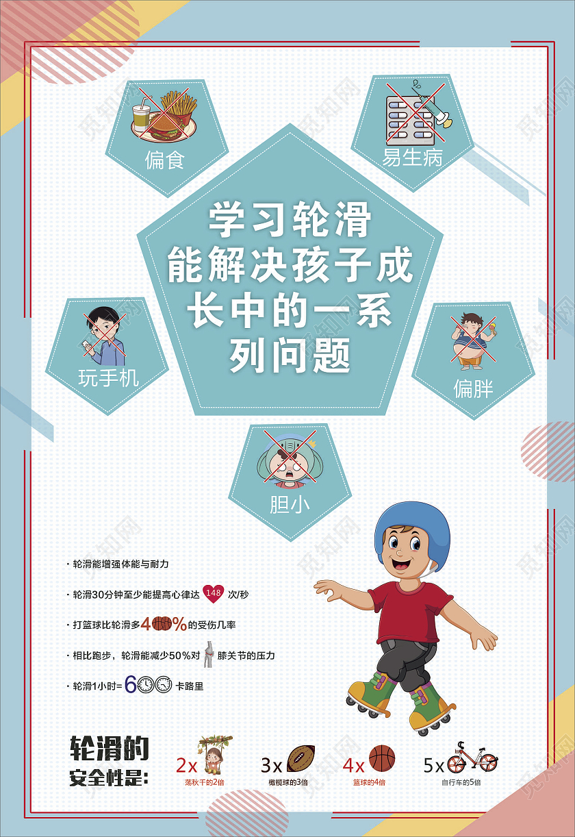 蓝白几何背景轮滑兴趣班轮滑海报暑假轮滑