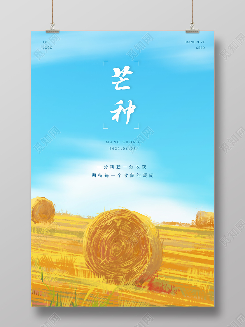 蓝色小清新大麦芒种中国传统节气宣传海报