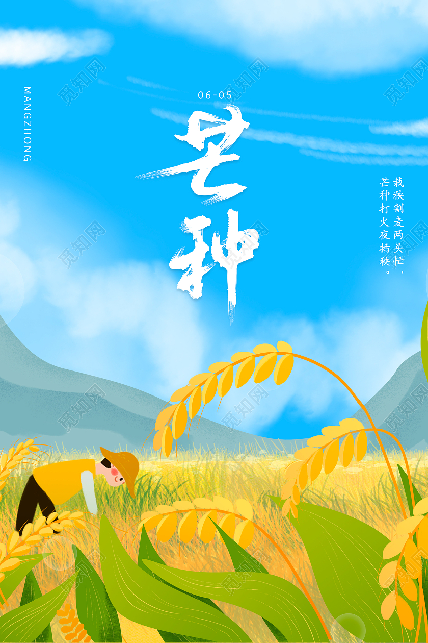 自然手绘插画二十四节气芒种竖版海报芒种微信