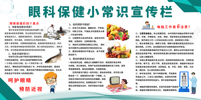 蓝绿色宣传栏眼科保健小常识宣传栏爱眼护眼宣传栏