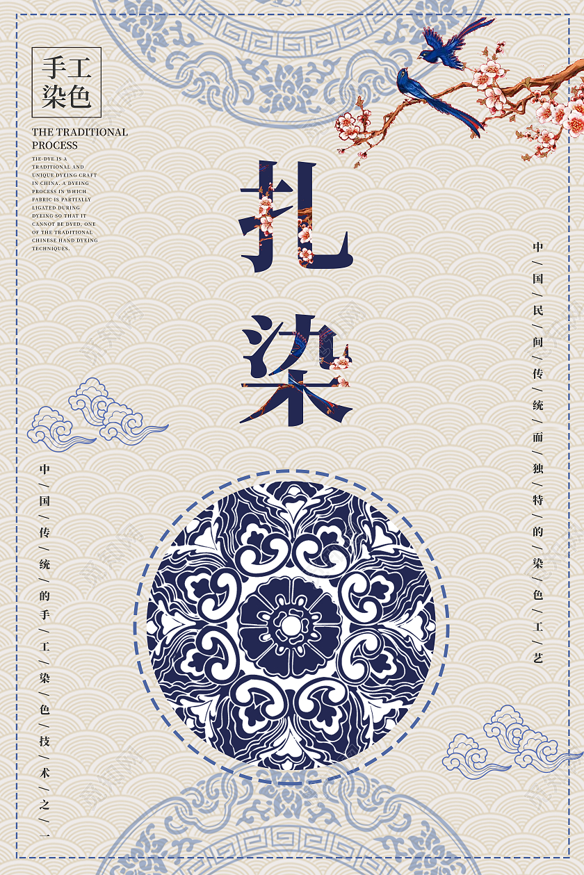 复古蓝色大气传统工艺扎染宣传海报模板