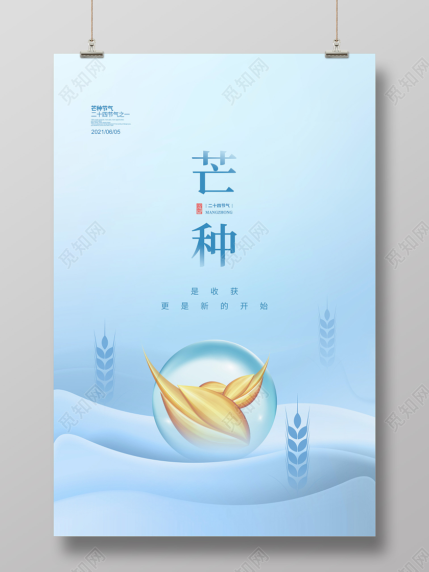 蓝色简约二十四节气芒种宣传海报设计