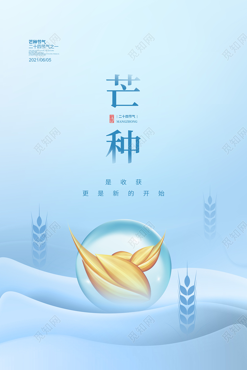 蓝色简约二十四节气芒种宣传海报设计