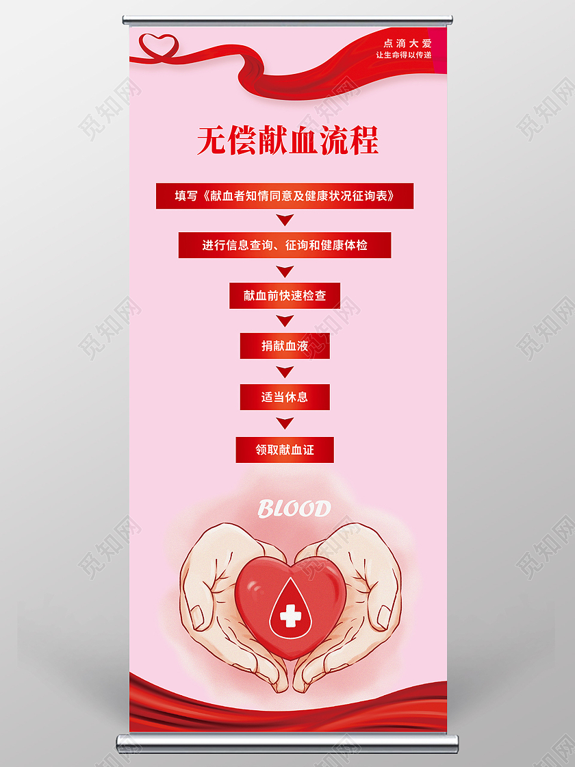 红色简约无偿献血流程献血展架易拉宝