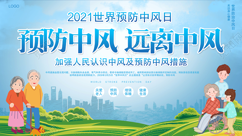 蓝天白云草地世界预防中风日预防中风远离中风公益宣传展板