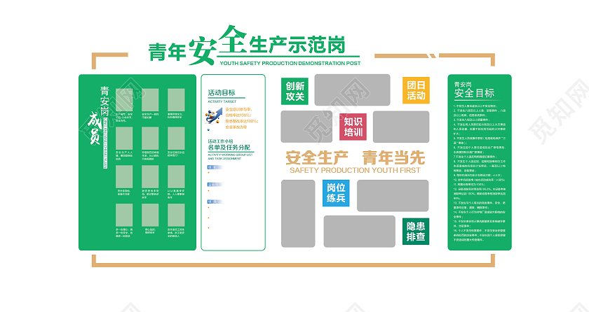 绿色简约安全生产宣传栏青年安全生产示范岗