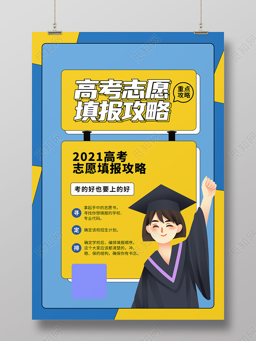蓝色卡通高考志愿填报指南海报高考报考