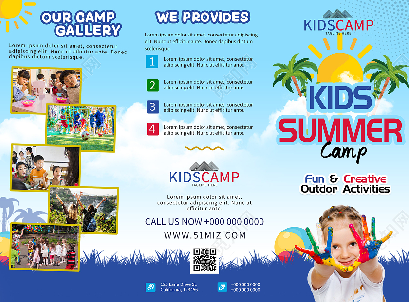 蓝色炫彩儿童暑假夏令营宣传三折页夏令营三折页