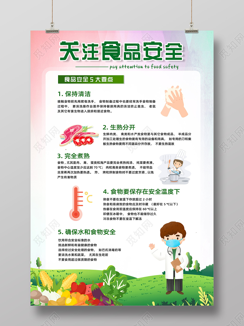 彩色水彩关注食品安全食品安全五要点宣传海报