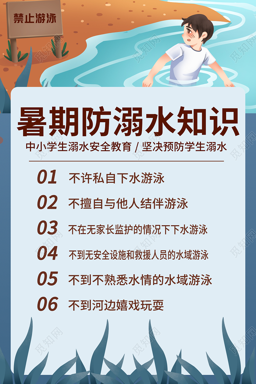 蓝色卡通可爱暑期防溺水知识宣传安全知识中小学生教育海报防溺防溺水六不一会
