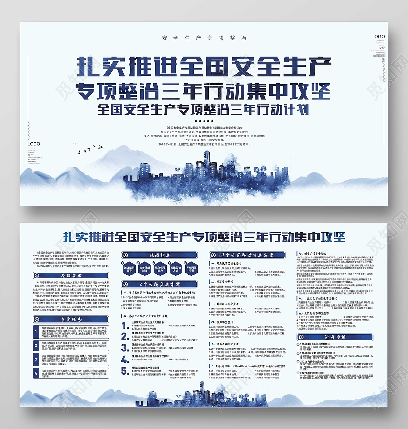 蓝色水墨全国安全生产专项整治三年行动计划展板安全生产专项整治三年行动宣传栏