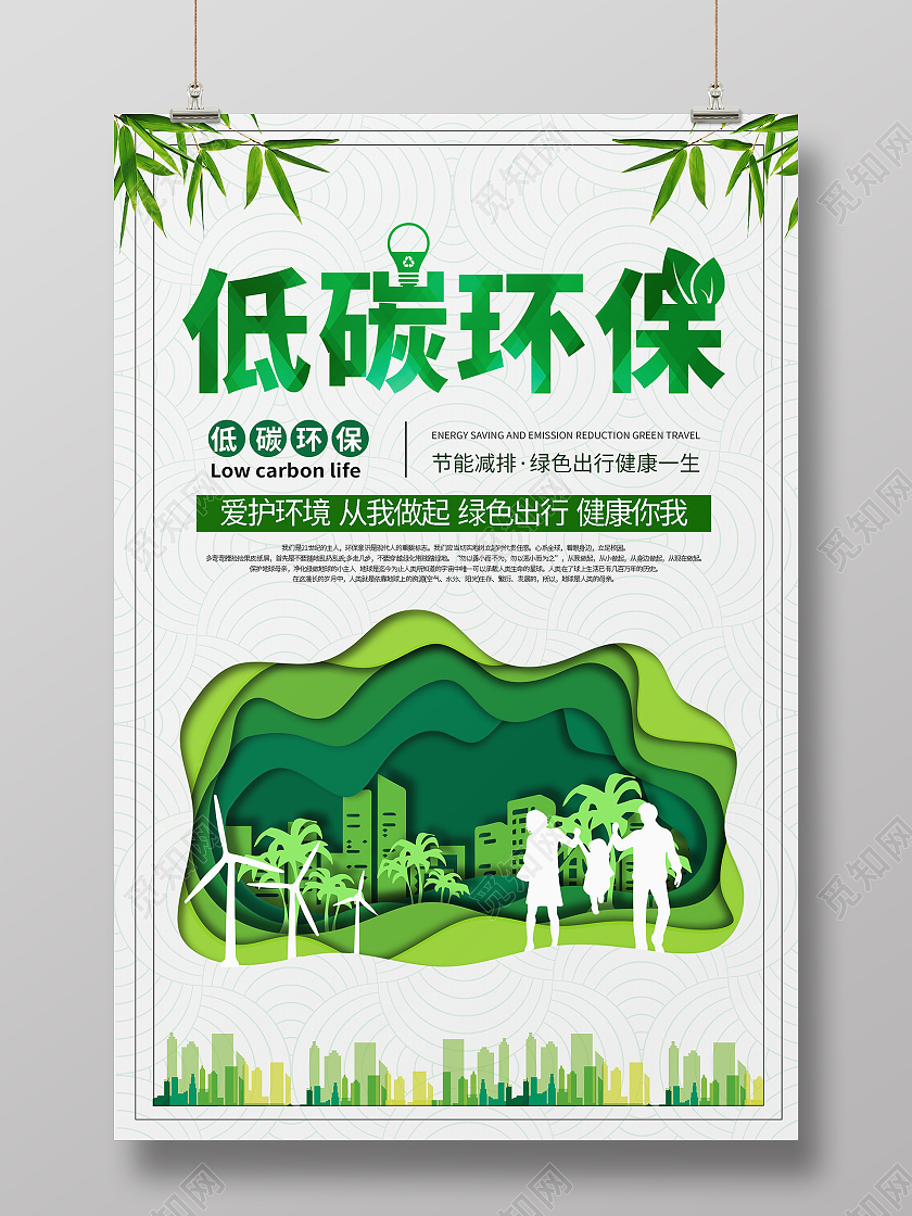 绿色剪纸风低碳环保节能降耗宣传海报