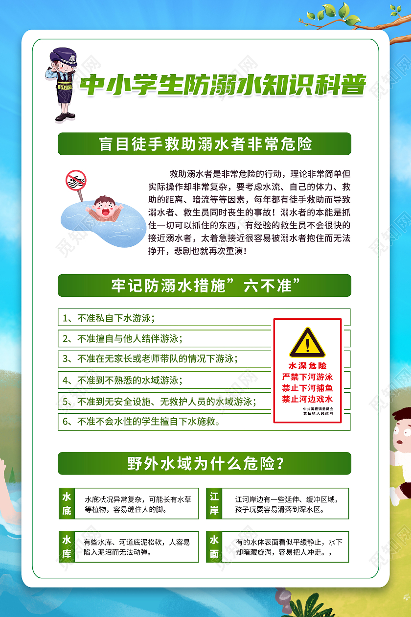 蓝色渐变卡通插画珍爱生命谨防溺水安全知识宣传海报套图防溺水套图