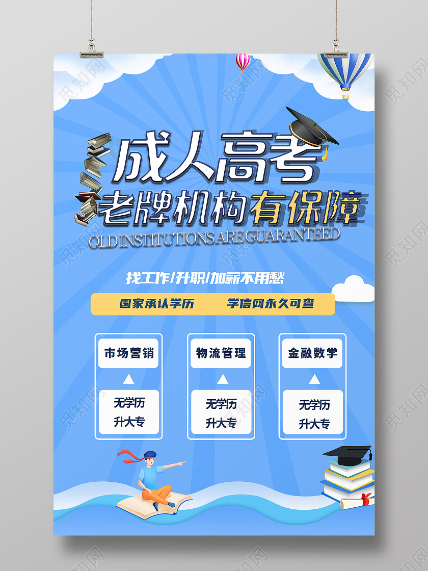 蓝色成人高考老牌机构保障海报成人高考招生
