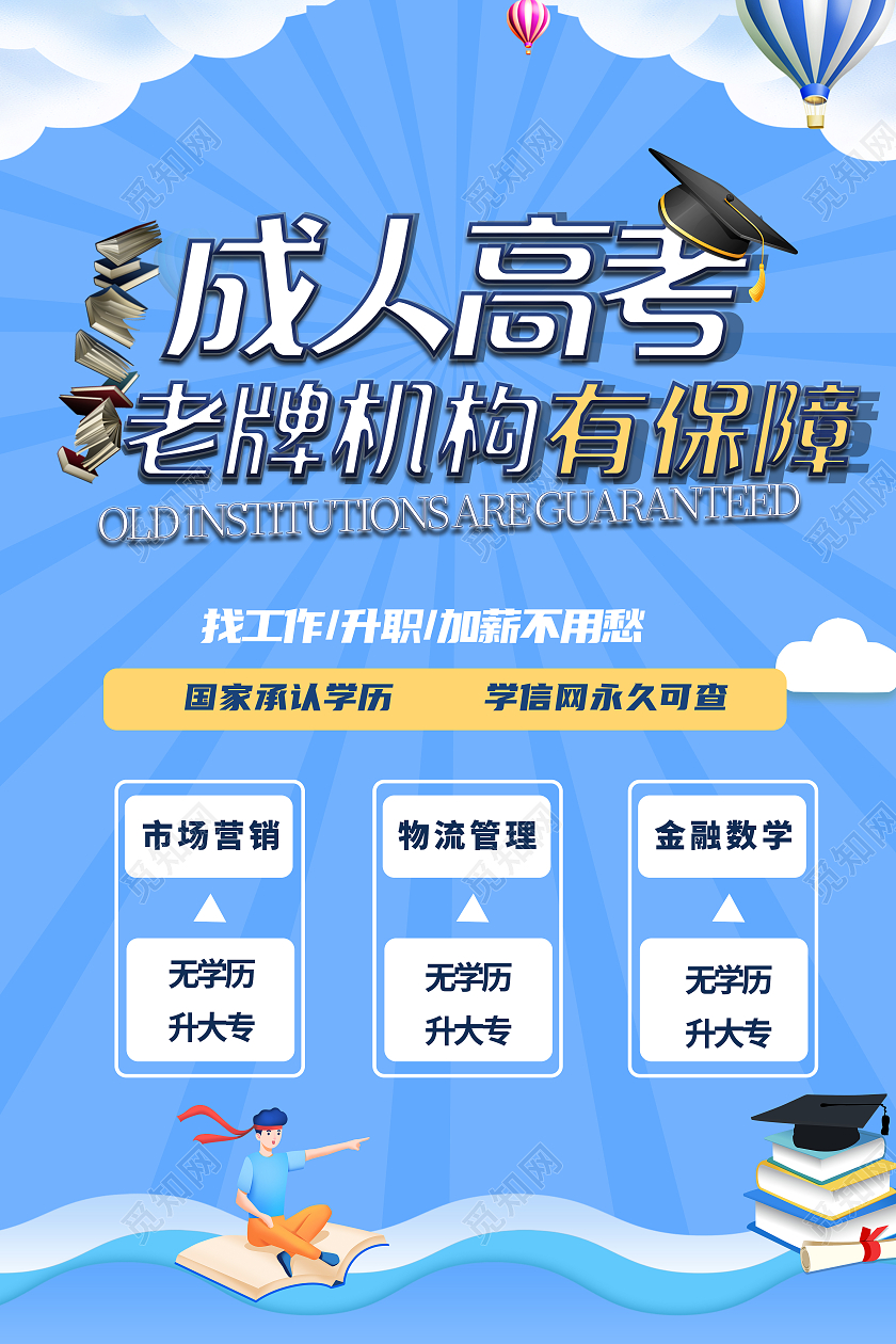 蓝色成人高考老牌机构保障海报成人高考招生