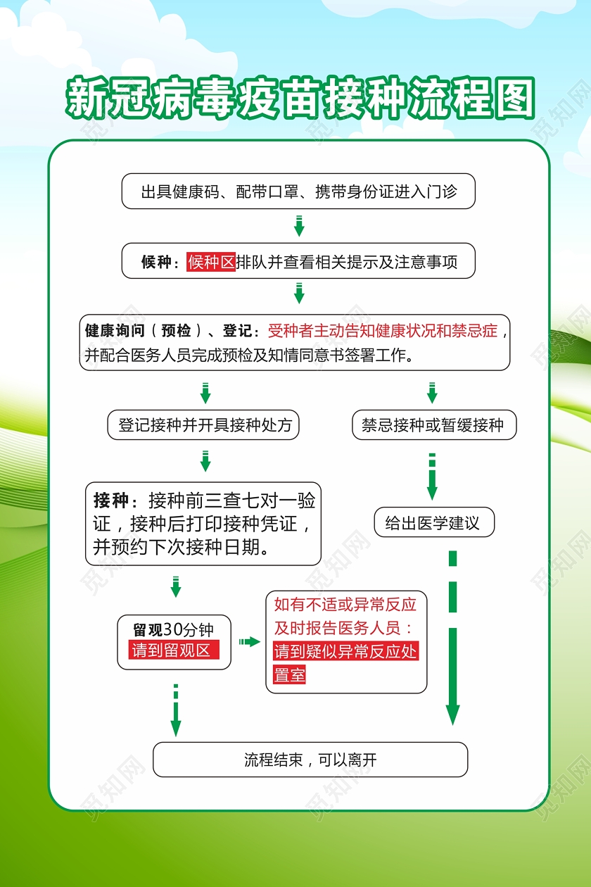 绿色 简约 新冠病毒疫苗接种流程图 新冠病毒疫苗接种 海报新冠疫苗接种流程图