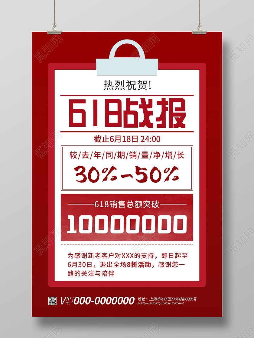 红色简约热烈祝贺618战报海报