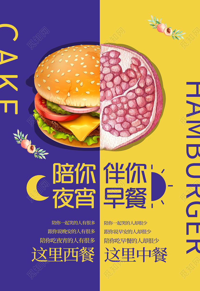 蓝黄卡通早晚餐海报