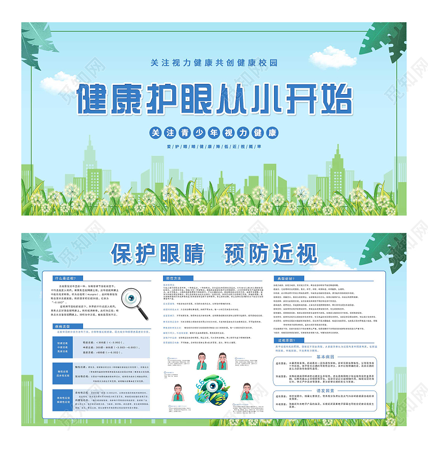 蓝色小清新健康护眼从小开始预防近视宣传展板保护眼睛预防近视