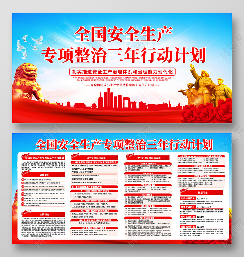 蓝色全国安全生产三年行动计划宣传栏安全生安全生产专项整治三年行动宣传栏