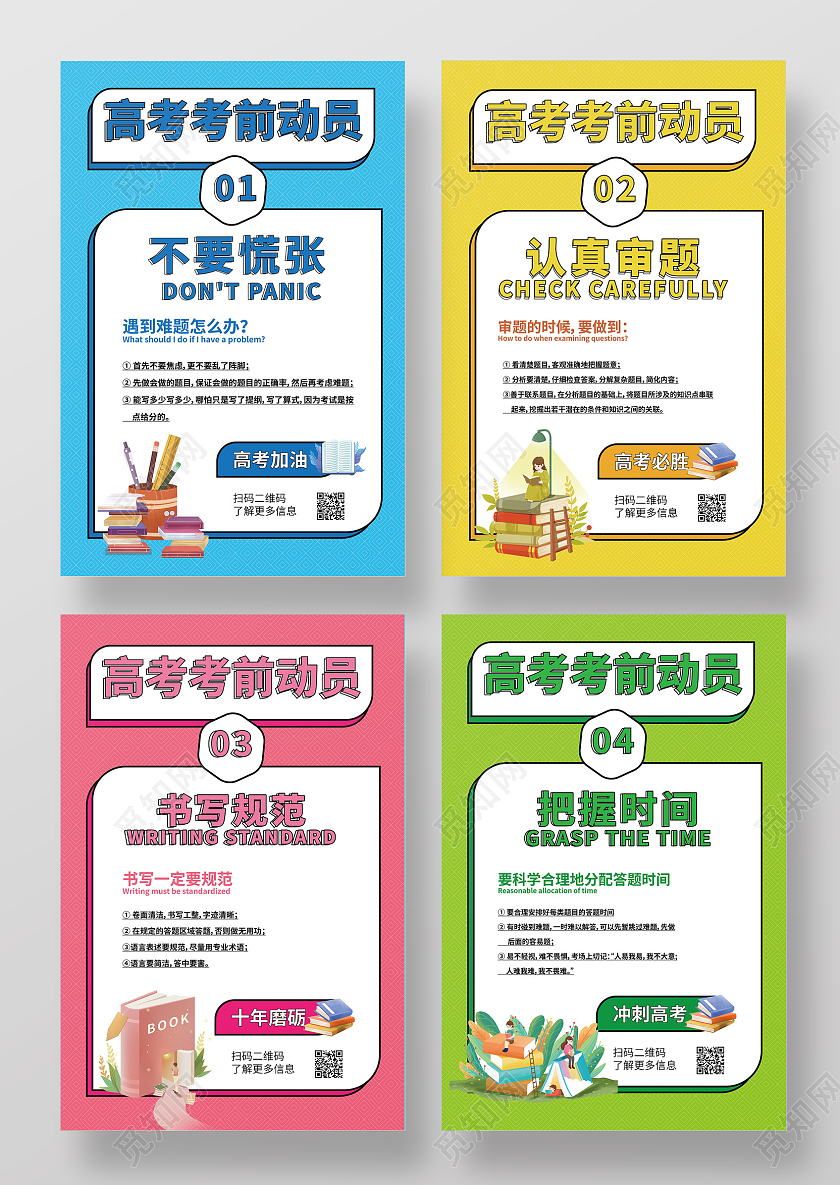 蓝黄色简洁卡通风格高考考前动员注意事项四张海报设计