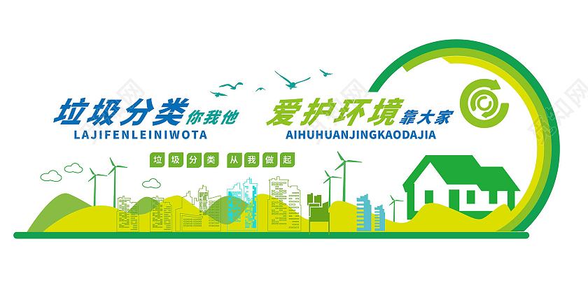 黄绿色创意简洁垃圾分类你我他爱护环境靠大家保护环境文化墙设计