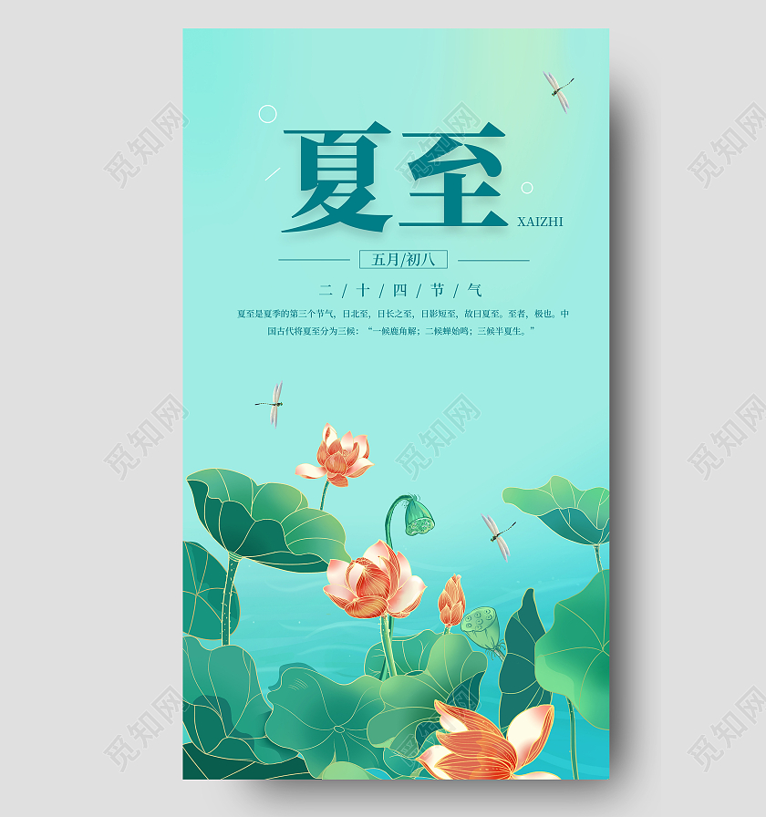 清新插画夏至海报二十四节气24节气夏至ui手机海报