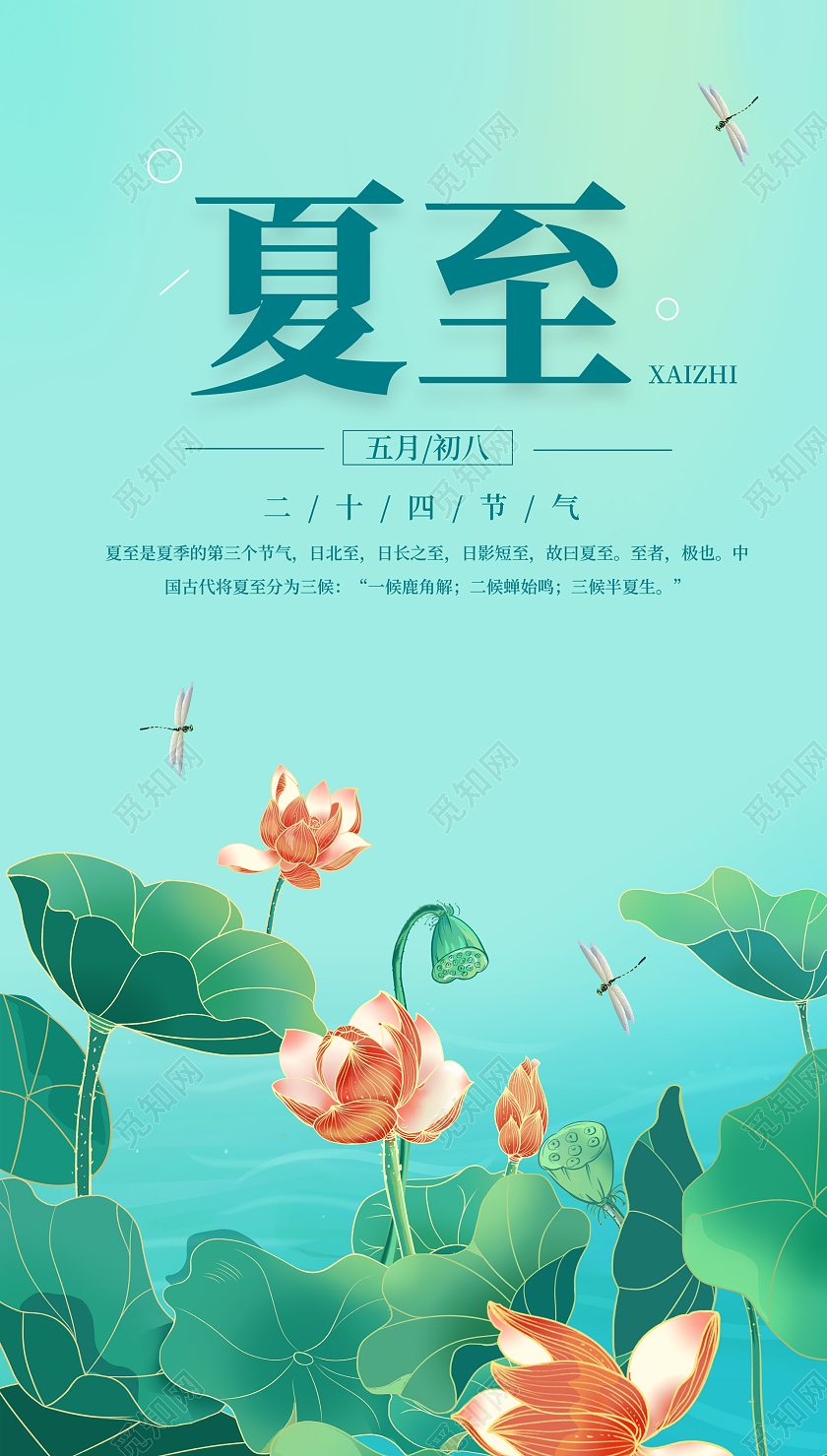 清新插画夏至海报二十四节气24节气夏至ui手机海报