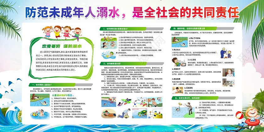 水彩风格预防溺水展板防溺水宣传栏