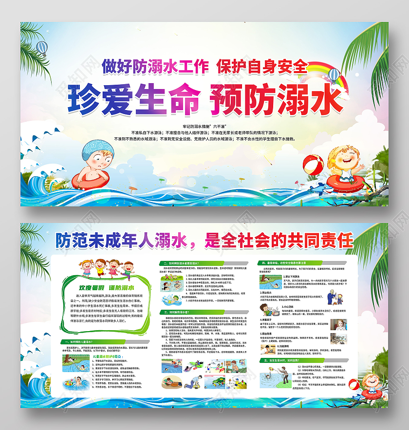 水彩风格预防溺水展板防溺水宣传栏