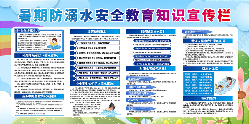 蓝色卡通暑期防溺水宣传栏暑假安全宣传栏