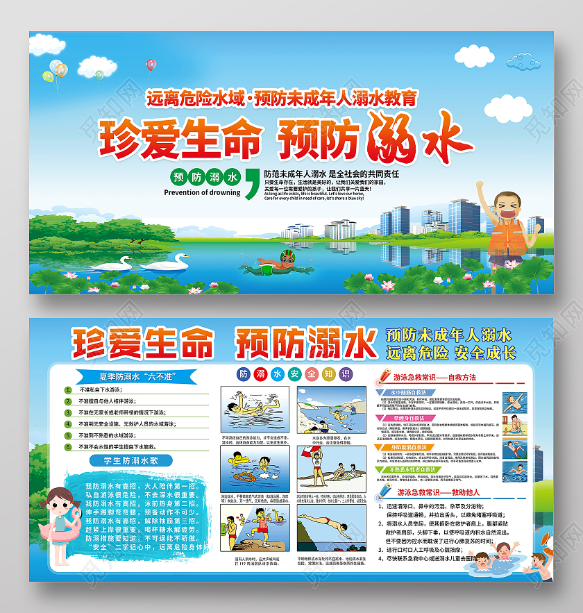 蓝色背景珍爱生命预防溺水安全知识宣传栏防溺水宣传栏