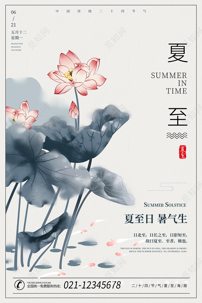 中国风水墨荷花二十四节气夏至宣传海报二十四节气24节气夏至