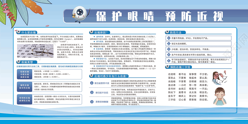 蓝色简约保护眼睛预防近视爱眼护眼宣传栏