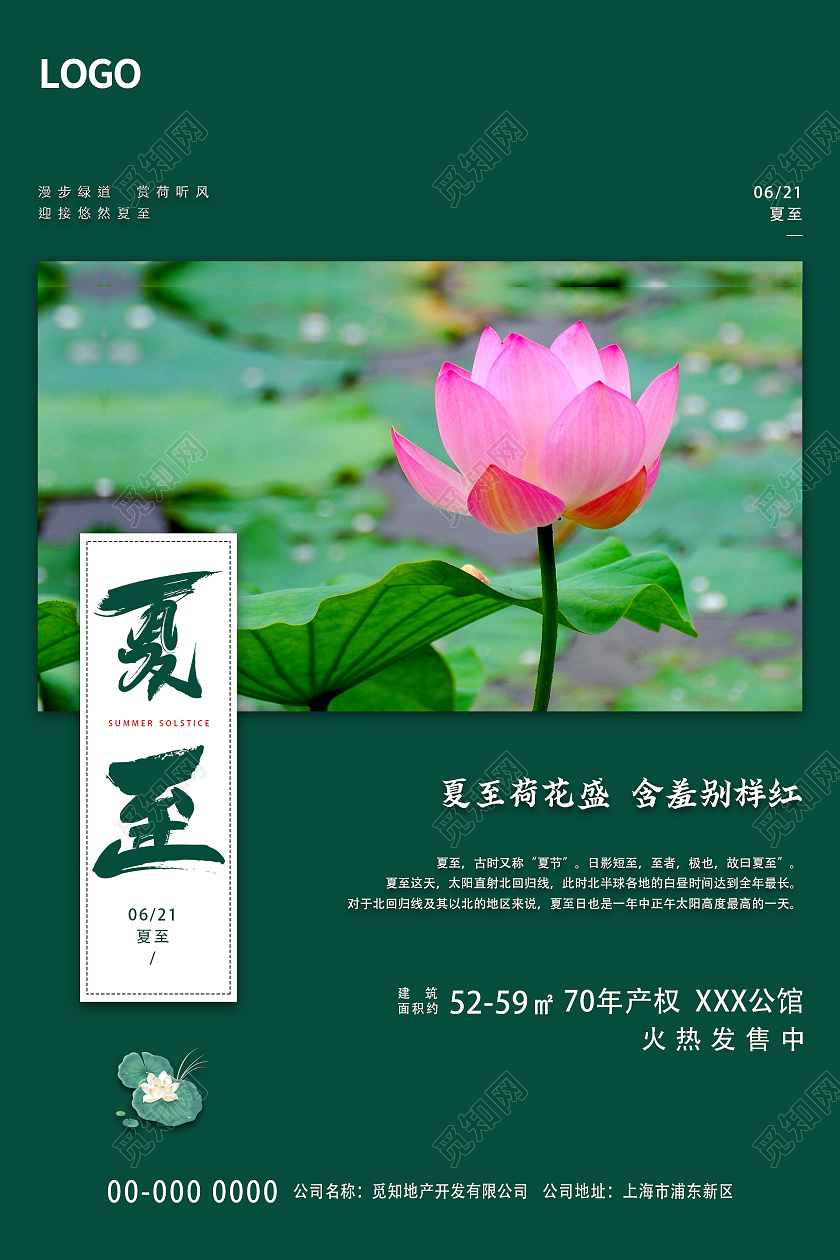 绿色清新中国风荷叶荷花二十四节气夏至海报二十四节气夏至节日