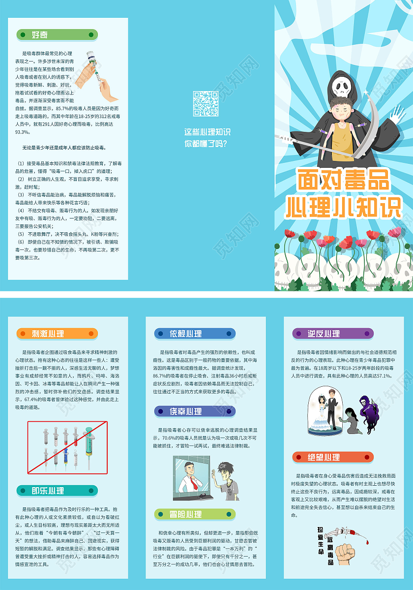 蓝色卡通面对毒品心理小知识拒绝毒品宣传禁毒三折页