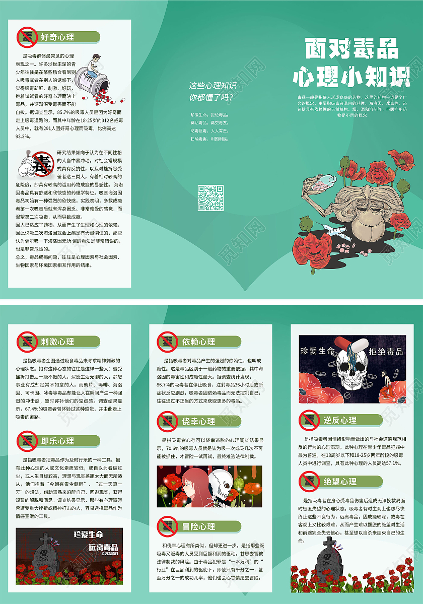 绿色卡通面对毒品心理小知识禁毒心理知识三折页禁毒三折页