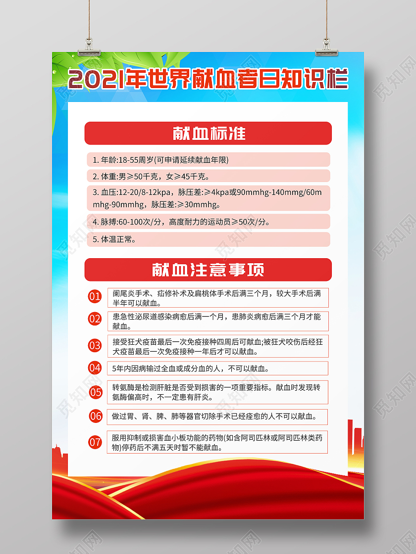 蓝红色简约2021世界献血者日宣传栏