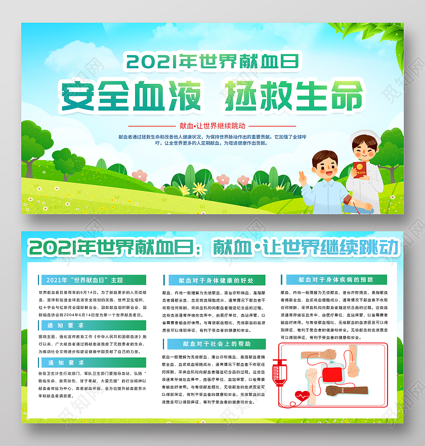 绿色简约安全血液拯救生命献血者日宣传展板世界献血者日