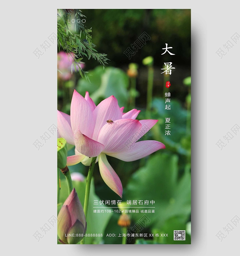 绿色荷花大气大暑海报二十四节气24节气大暑ui手机海报