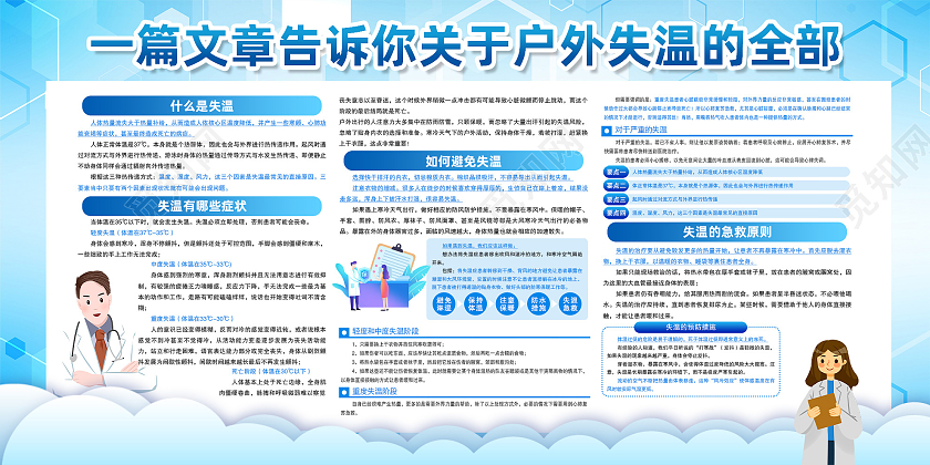 蓝色简洁一篇文章告诉你关于户外失温的全部宣传展板失温科普