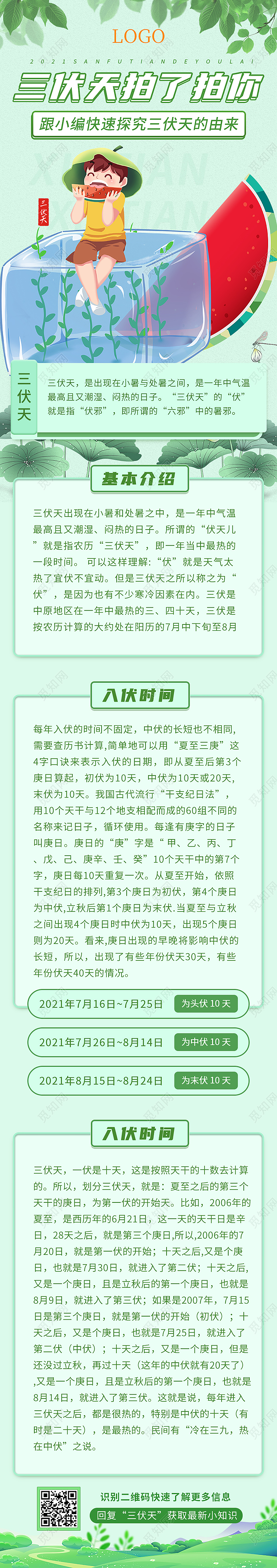 浅绿手绘插画卡通三伏天拍了拍你了解三伏天由来宣传手机长图ui