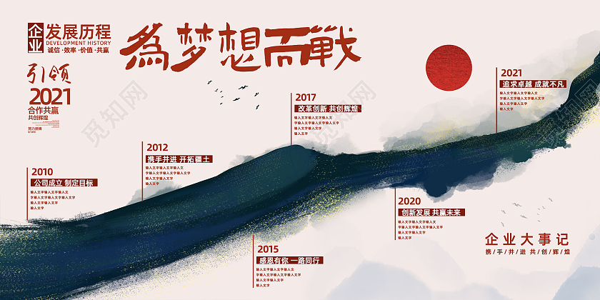 红色水墨中国风为梦想而战企业发展历程企业历程展板
