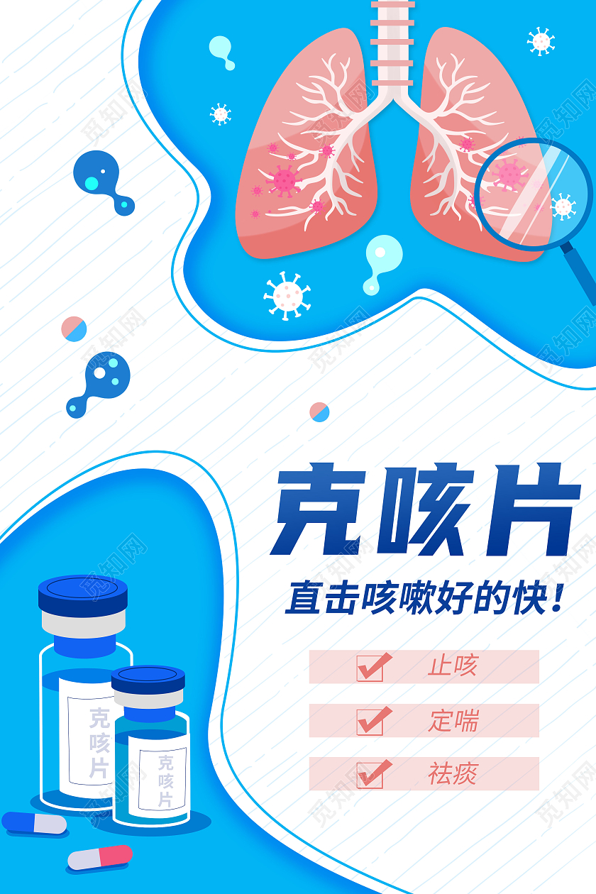 蓝色卡通扁平风止咳药医疗用药产品宣传医疗海报药品海报