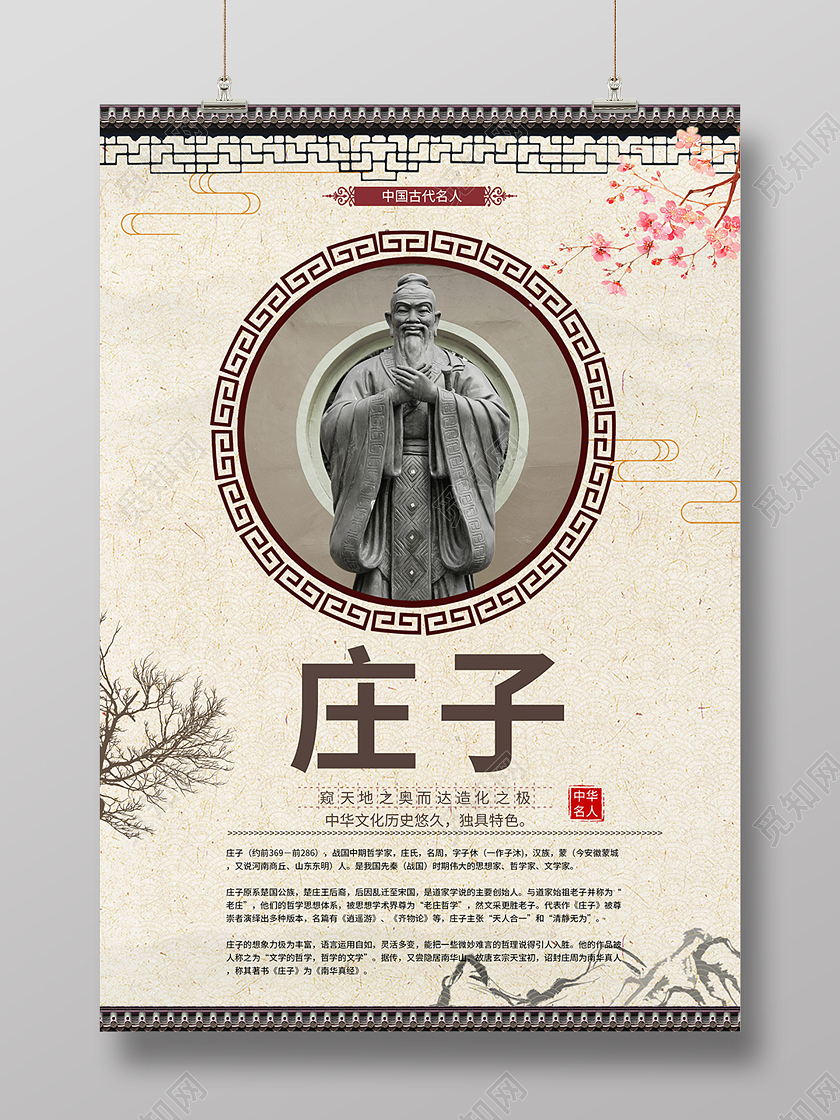 棕色古风庄子人物介绍海报模板