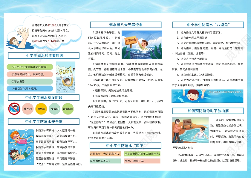 蓝色简约小清新卡通中小学生防溺水安全教育三折页防溺水折页防溺水三折页