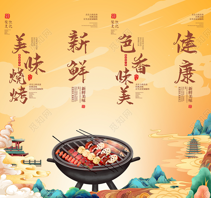 黄色中国风烧烤文化设计烧烤挂画套图