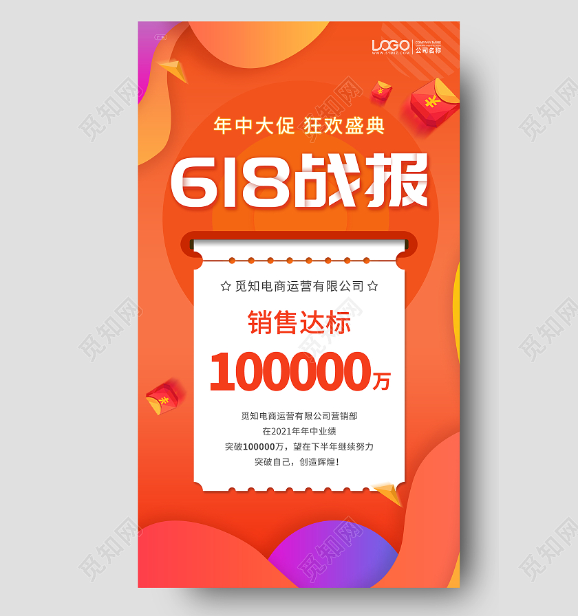 橙色炫彩618年中战报手机ui海报618战报ui手机海报